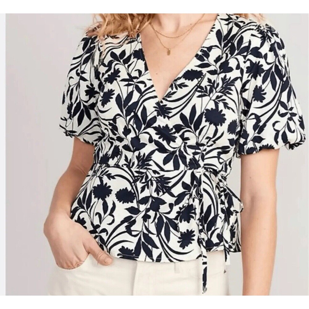 NWT Old Navy Defined Waist Tie Wrap Top V-Neck Navy Floral Womens Puff Sleeve 4X